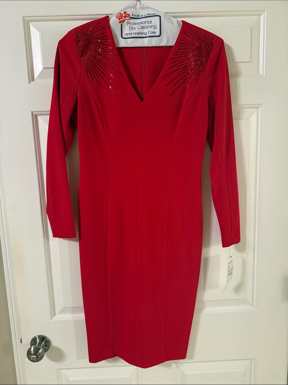 Calvin Klein Red Long-Sleeve V-Neck Sheath Dress with Beaded Shoulder Burst